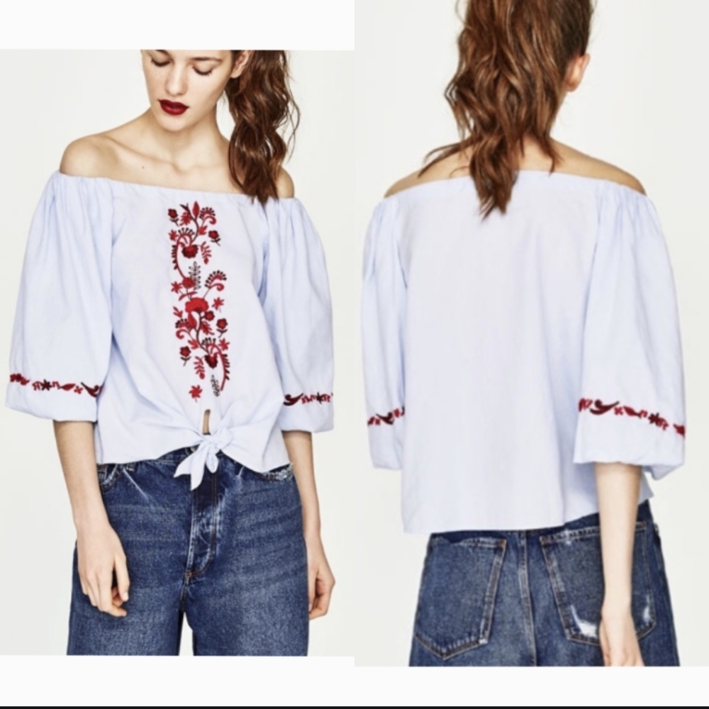 Zara Off Shoulder Embroidered Shirt